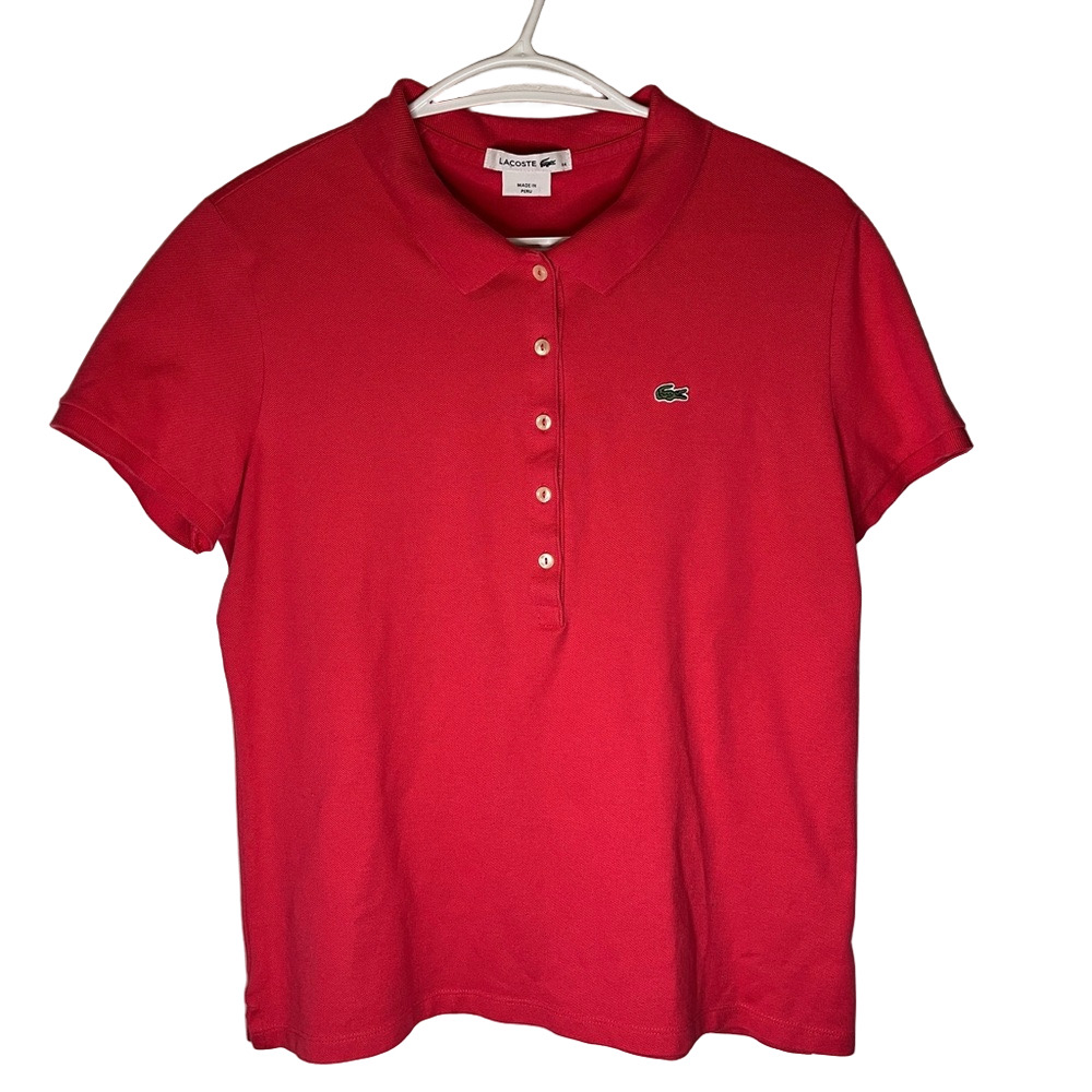Lacoste Women's Red Polo Short Sleeve Button Down Cotton Shirt Preppy Large